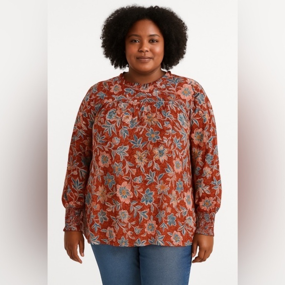 Savanna Jane Burgundy Rust Long Sleeve Smocked Sleeve Top Boho EUC 2X #1166